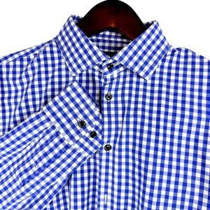 Nordstrom Mens Shop Tech Smart Blue Gingham Extra Trim Fit Dress‎ Shirt 15 1/2
